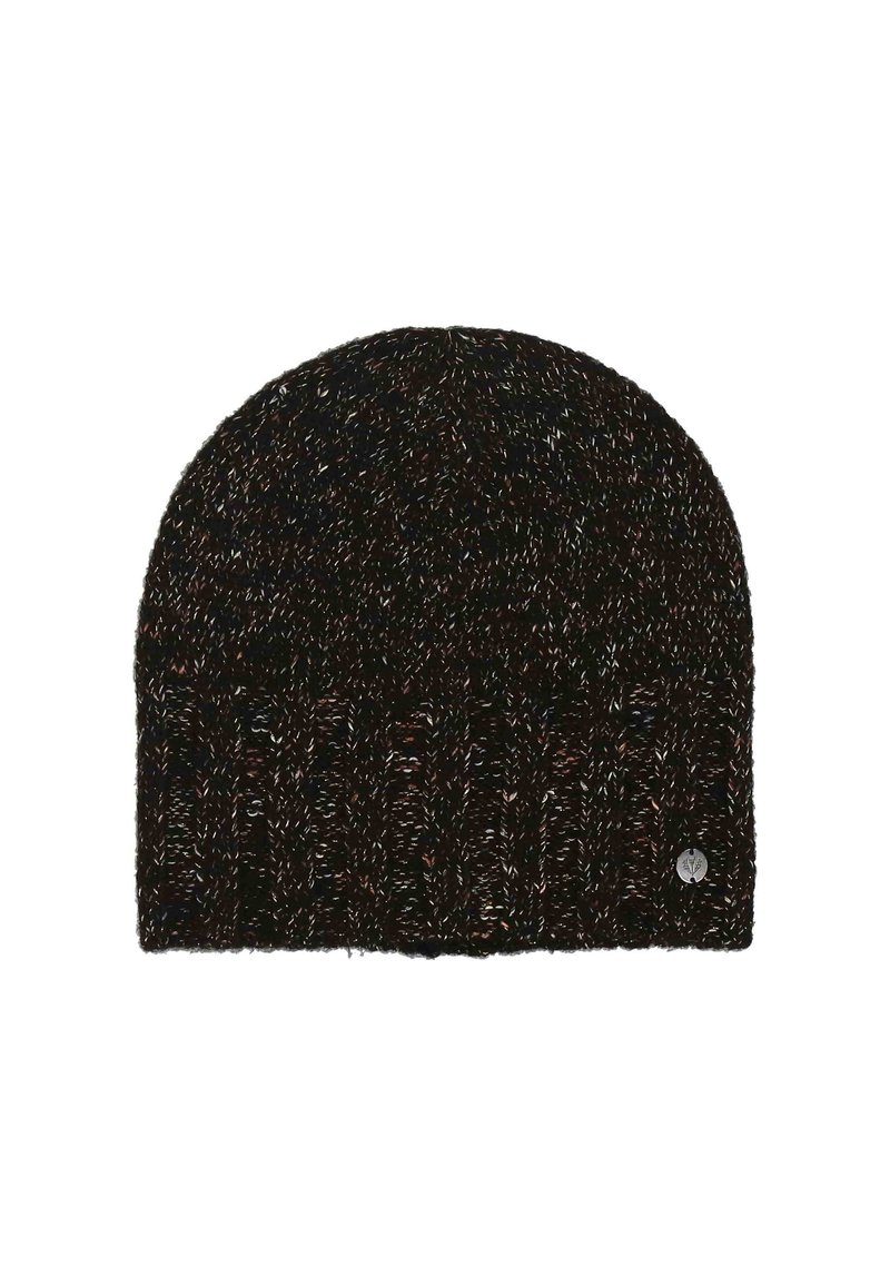Căciulă tricotată de culoare maro închis, cu fire multicolore. Are un tiv pliat și un mic accent cu logo metalic pe lateral.