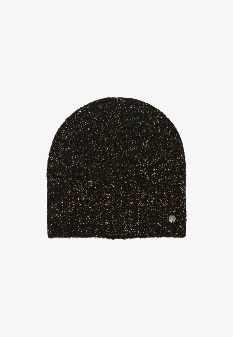 Beanie in maglia marrone scuro, con fili multicolori. Presenta un risvolto e un piccolo accento in logo metallico sul lato.