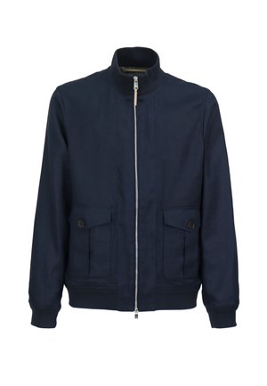 Veste bomber en coton bleu marine avec col montant, fermeture éclair à l'avant, deux poches à rabat et poignets côtelés pour une coupe ajustée.