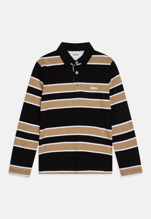 Langærmet polo med sorte, beige og hvide vandrette striber og en sort krave, med BOSS-logo på brystet.