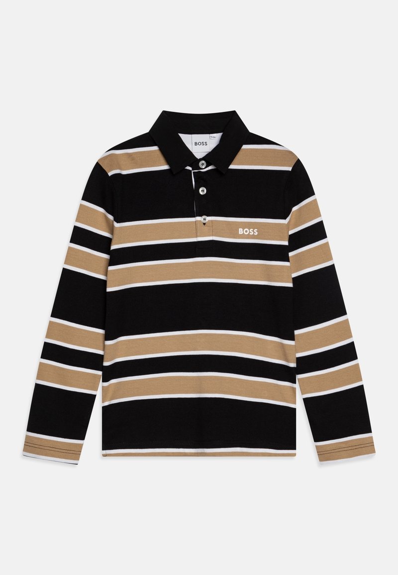 Polo manches longues à rayures horizontales noires, beiges et blanches avec un col noir, doté du logo BOSS sur la poitrine.