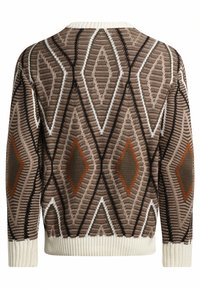 Knit sweater with a geometric diamond pattern in brown, beige, and rust tones. Features a cream ribbed neckline and cuffs.