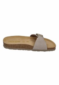 Gray suede slide sandal with a cork footbed, flat rubber sole, and a metal buckle accent. Features a wide strap for comfort.