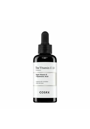 Flacon de sérum COSRX The Vitamin C 13 avec compte-gouttes, contenant du Super Vitamine E et de l’Acide Hyaluronique pour améliorer la peau et unifier le teint.