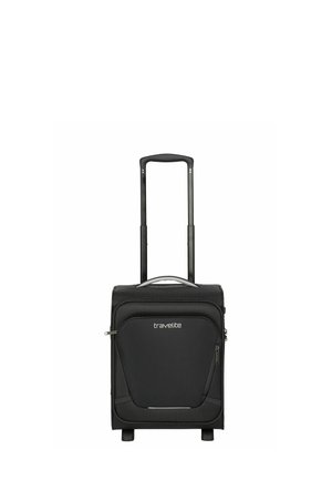 Black soft-shell suitcase with retractable handle, front zippered compartment, and small wheels. Features silver logo and subtle stitching details.