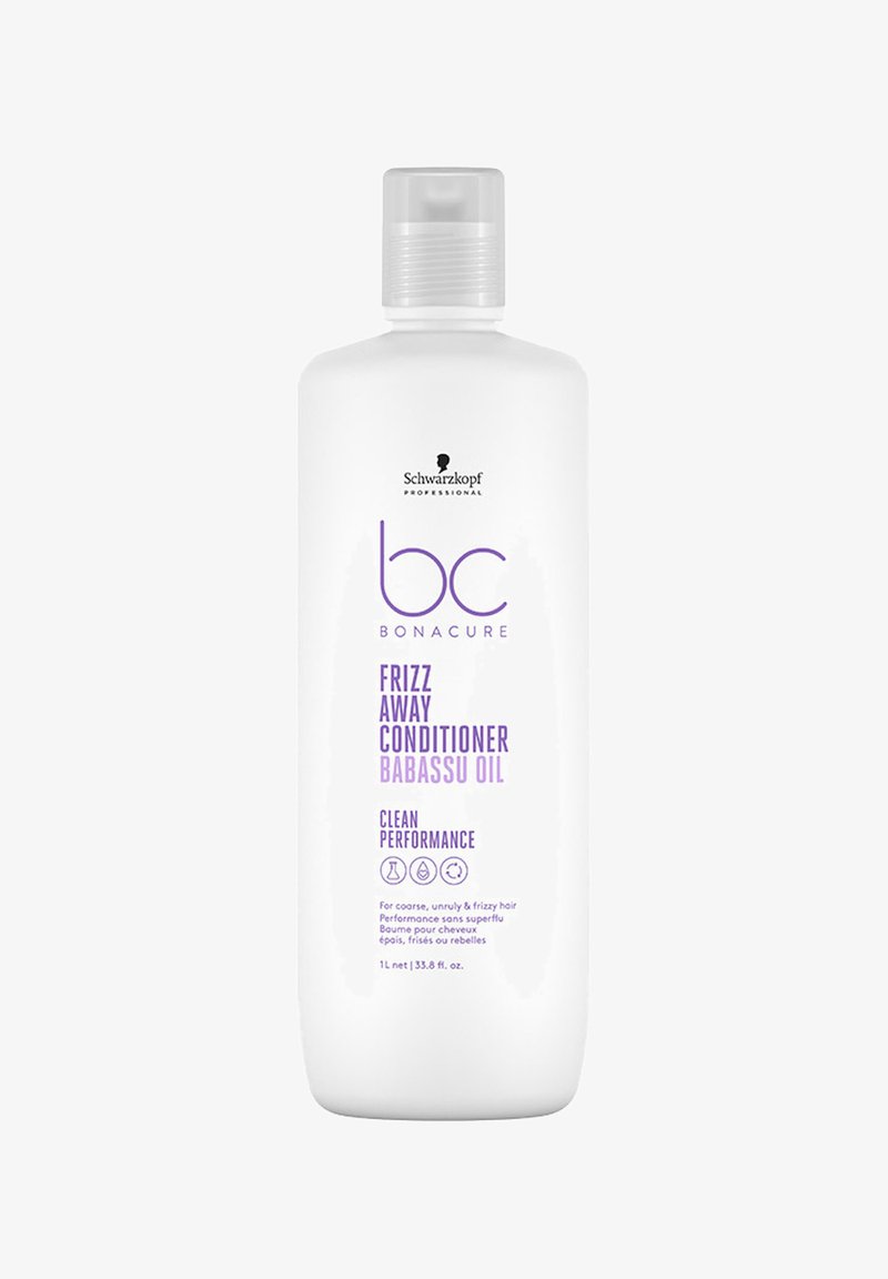 Schwarzkopf BC Bonacure Frizz Away Conditioner-Flasche mit Babassu-Öl für grobes, unbändiges und krauses Haar, 1-Liter-weißer Behälter.