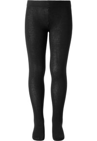 Czarne rajstopy wykonane z gładkiego, elastycznego materiału. Posiadają miękki pas w talii oraz bezszwowy krój od palców do talii.