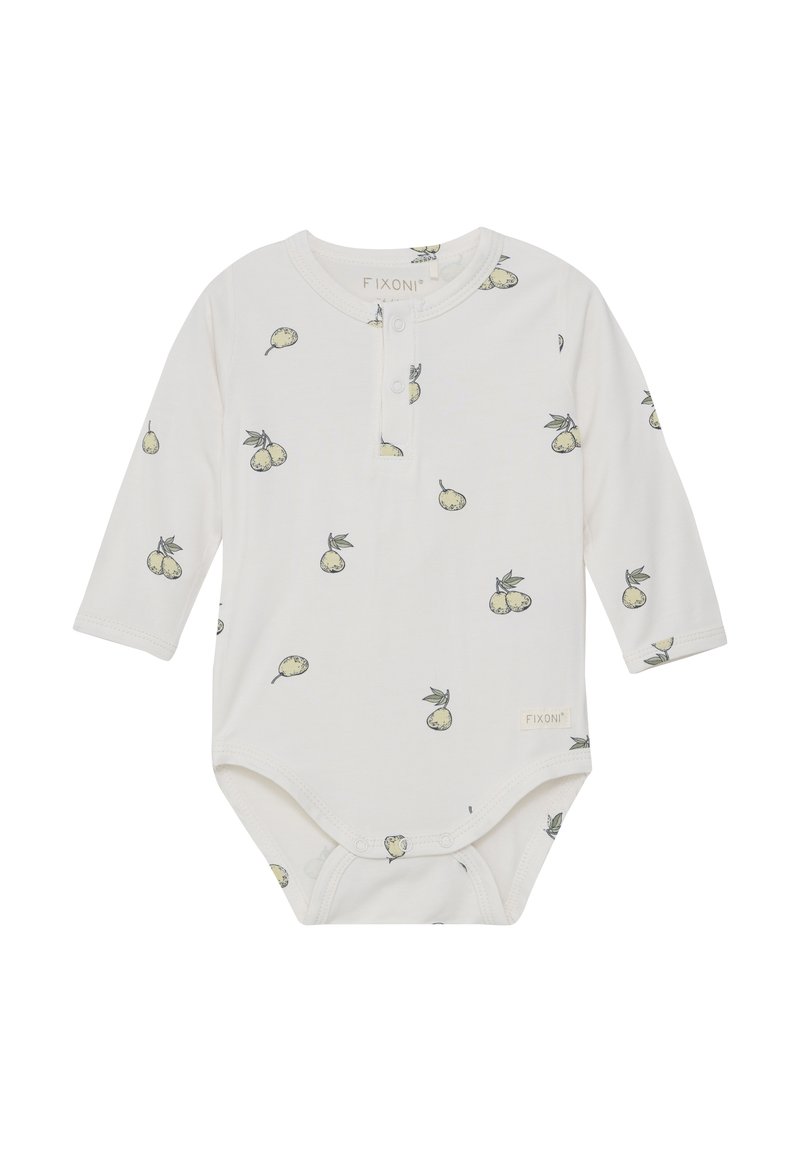 Vit långärmad bodysuit med päronmönster i ljusgrön och gul. Tryckknappar i botten och en knäppning vid halslinningen.
