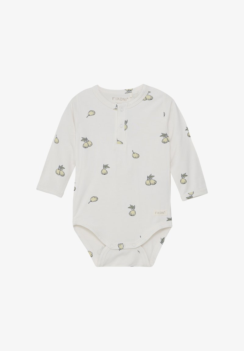 Weißer Langarm-Overall mit Birnenmuster in Hellgrün und Gelb. Druckknopfverschlüsse im Schritt und eine geknöpfte Blende am Ausschnitt.