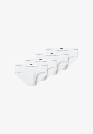 Four pairs of white cotton briefs with a elastic waistband, featuring "SCHIESSER" logo and a smooth texture.