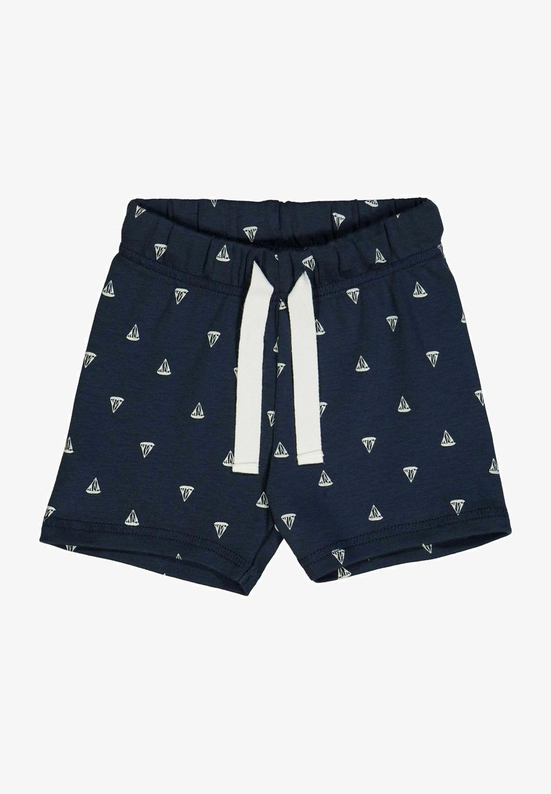 Marineblauwe shorts met een witte trekkoord, voorzien van een patroon van kleine witte zeilbooticoontjes. Gemaakt van zacht, lichtgewicht stof.
