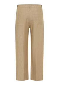 Lichtbeige linnen broek met een relaxte pasvorm, voorzien van een wijde pijp, twee achterzakken en een elastische tailleband. Geleverd in een gestructureerde, ademende stof.