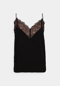 Černá tílko s krajkovým detailem kolem výstřihu a ramínek, s texturovanou tkaninou a knoflíkovým akcentem na přední straně.