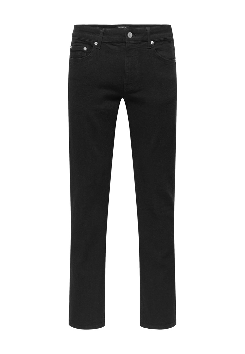 Mustat slim-fit farkut viidellä taskulla, napitus ja vyölenkit, esitetty valkoisella taustalla.