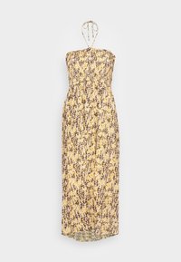 Maxi šaty s rouskovaným živůtkem, na hladký krk, v žlutém a hnědém abstraktním vzoru. Lehká látka s splývavým textilním,.