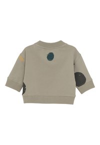 Beige langärmliger Babypullover mit geripptem Kragen, Bündchen und Saum sowie mehrfarbigen runden Farbklecksdesigns auf dem Rücken und den Ärmeln.