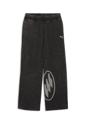 Pantalon noir à jambes larges avec taille élastique, poches latérales et un grand logo abstrait gris près du bas sur une jambe.
