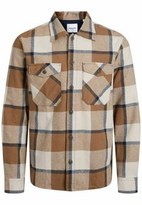 Bruine en crèmekleurige geruite blouse met blauwe accenten, twee borstzakken, knoopsluiting en lange mouwen. Gemaakt van zachte stof met een textuurafwerking.