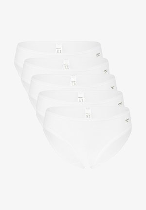 Hvide bomuldsunderbukser i en pakke med fem. Har en glat tekstur, elastisk talje og et lille trykt mærke på hvert par.
