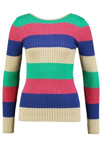 Prążkowany sweter z długim rękawem, z wielokolorowymi paskami w odcieniach zieleni, różu, niebieskiego i beżu, o lekko błyszczącej fakturze i dekoltem w kształcie łódki.