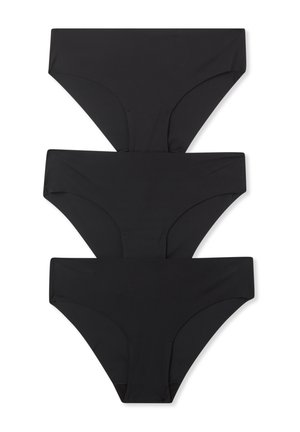 Tre paia di slip bikini neri realizzati in un tessuto liscio ed elasticizzato, con un design classico a vita alta e senza motivi o accenti visibili.