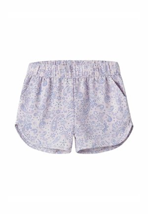 Jasnofioletowe elastyczne szorty z kieszeniami, z delikatnym wzorem paisley i kwiatowym w ciemniejszych odcieniach fioletu.