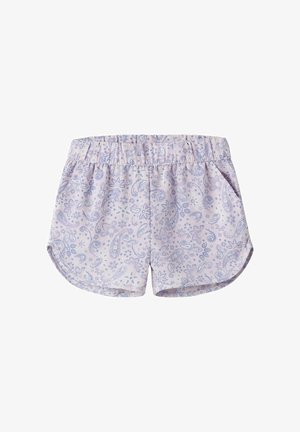 Hellviolette elastische Shorts mit Taschen, mit einem filigranen Paisley- und Blumenmuster in dunkleren violetten Tönen.