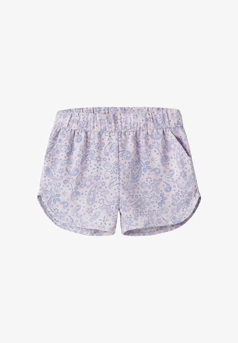 Shorts à taille élastique violet clair avec poches, présentant un motif délicat paisley et floral dans des tons violets plus foncés.