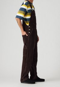 Bruna kordflorsoverall med justerbara axelremmar, sidofickor och silverdetaljer, kombinerat med en randig kortärmad skjorta i grönt, gult och blått.