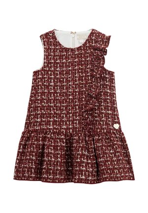 Abito in tweed bordeaux con spallina arricciata e orlo svasato, dotato di una fodera bianca e di un dettaglio con logo a forma di cuore dorato sul lato.