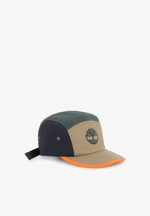 Suurusega müts mitmevärvilise disainiga: roheline, tumesinine ja khaki kangas. Esiküljel on oranž servi ja puu logo. Tekstuurne, vastupidav materjal.