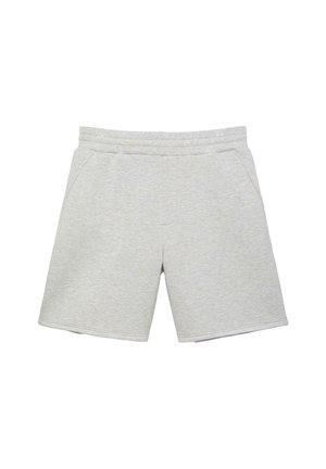 Hellgraue legere Shorts mit elastischem Bund und seitlichen Taschen, flach auf weißem Hintergrund dargestellt.