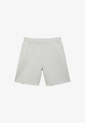 Hellgraue legere Shorts mit elastischem Bund und seitlichen Taschen, flach auf weißem Hintergrund dargestellt.