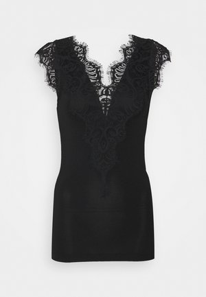 Black top featuring short lace sleeves and a deep V-neck with intricate lace detailing on the front, highlighting a smooth texture and fitted shape.