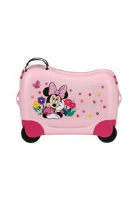 Maleta infantil rosa con esquinas redondeadas, con un gráfico de Minnie Mouse, patrones de flores y dos ruedas para facilitar el transporte.