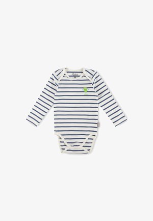 Long-sleeve bodysuit in white with navy stripes, featuring a green monster graphic. Made from soft cotton, with snap closures at the bottom.