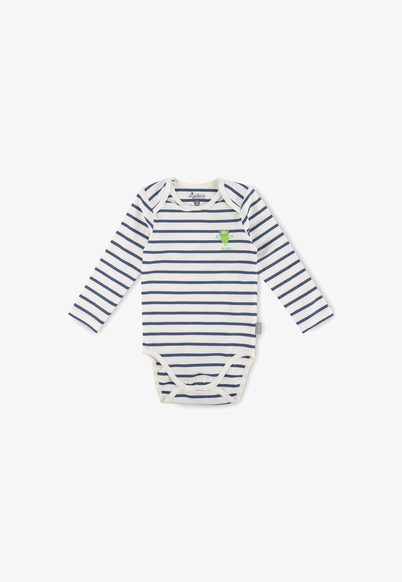 Long-sleeve bodysuit in white with navy stripes, featuring a green monster graphic. Made from soft cotton, with snap closures at the bottom.