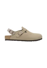 Zoccoli in suede beige con cinturini regolabili, soletta in sughero, punta rotonda e suola in gomma texturizzata. Design semplice e minimalista.