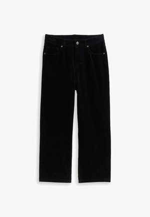 Pantalons en velours côtelé noir avec une coupe droite, cinq poches et des accents en métal sur les boutons, offrant une finition douce et texturée.