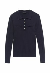 Navy geribbelde langemouw polo met een kraag, twee borstzakken en knoopsluiting. Heeft een getailleerd ontwerp en een gladde textuur.