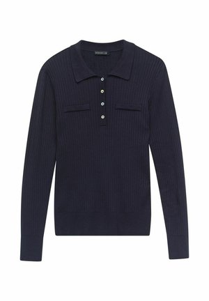Navy ribbed long-sleeve polo shirt with a collar, two chest pockets, and button front closure. Features a fitted design and smooth texture.
