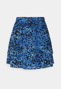 Jupe à imprimé léopard bleu avec volants superposés, présentant un motif noir. Fabriquée en tissu léger, conçue pour un confort optimal.