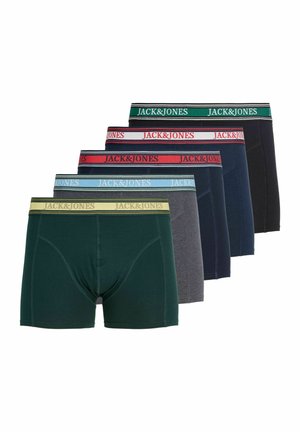Cinq paires de boxers pour hommes en vert, gris, marine, bleu foncé et noir avec des ceintures "JACK&JONES" de différentes couleurs.