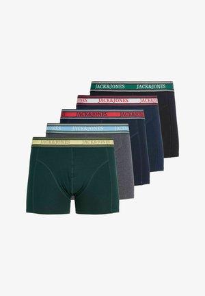 Cinq paires de boxers pour hommes en vert, gris, marine, bleu foncé et noir avec des ceintures "JACK&JONES" de différentes couleurs.