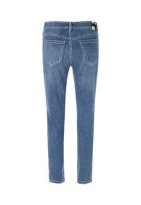 Jeans aus Denim in hellblau, mit geradem Schnitt, fünf Taschen und einem gesprenkelten Muster. Klassische Gesäßtaschen mit Nähdetail.
