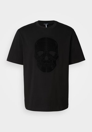 Black cotton T-shirt with a textured black skull design on the front. Short sleeves and a crew neckline; straight cut at the hem.