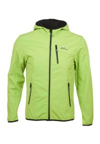 Veste softshell verte avec capuche, dotée d'une fermeture éclair frontale complète, de accents noirs, de deux poches zippées sur les côtés et d'une poche zippée sur la poitrine.