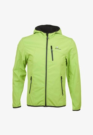 Veste softshell verte avec capuche, dotée d'une fermeture éclair frontale complète, de accents noirs, de deux poches zippées sur les côtés et d'une poche zippée sur la poitrine.
