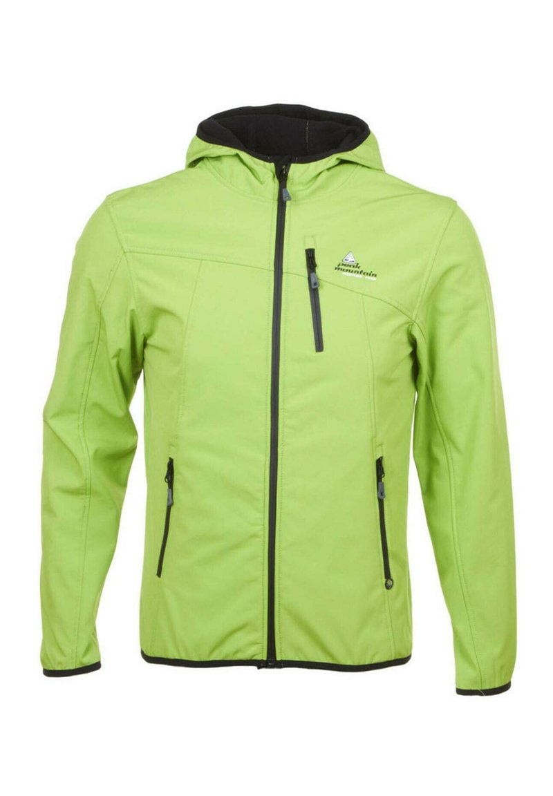 Veste softshell verte avec capuche, dotée d'une fermeture éclair frontale complète, de accents noirs, de deux poches zippées sur les côtés et d'une poche zippée sur la poitrine.