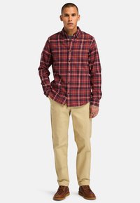 Camicia di flanella a quadri rossi e blu, design con bottoni, maniche lunghe, indossata con pantaloni color khaki e scarpe marroni. Presenta una tasca sul petto.